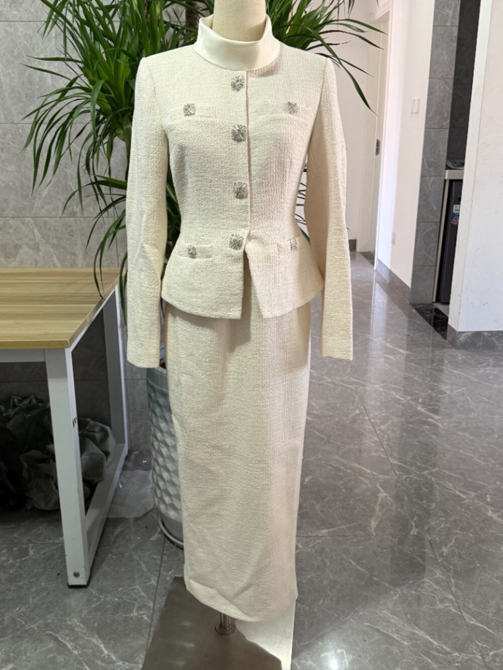 Self Portrait Cream Boucle Tailored Midi Dress - Picture 2 of 10